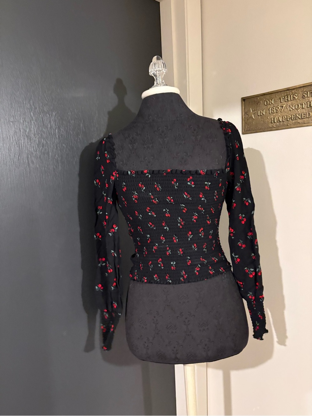 Reformation Black Cherry-Print Smocked Long Puff Sleeve Top 💜